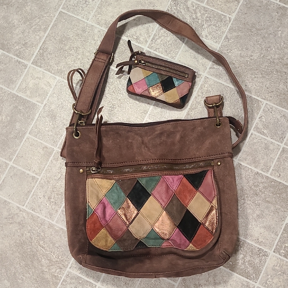 Vintage Fossil Patchwork Leather Suede Purse Brown Bag Wallet & Pocketbook